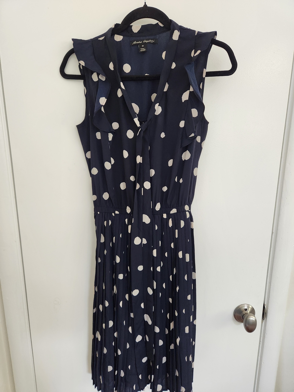 Sandra Angelozzi Navy Polka Dot Sleeveless Pleated Dress